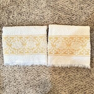 Cannon Bath Towels (2) Beige Ivory Floral Sculpted Fringed Royal Family Vintage